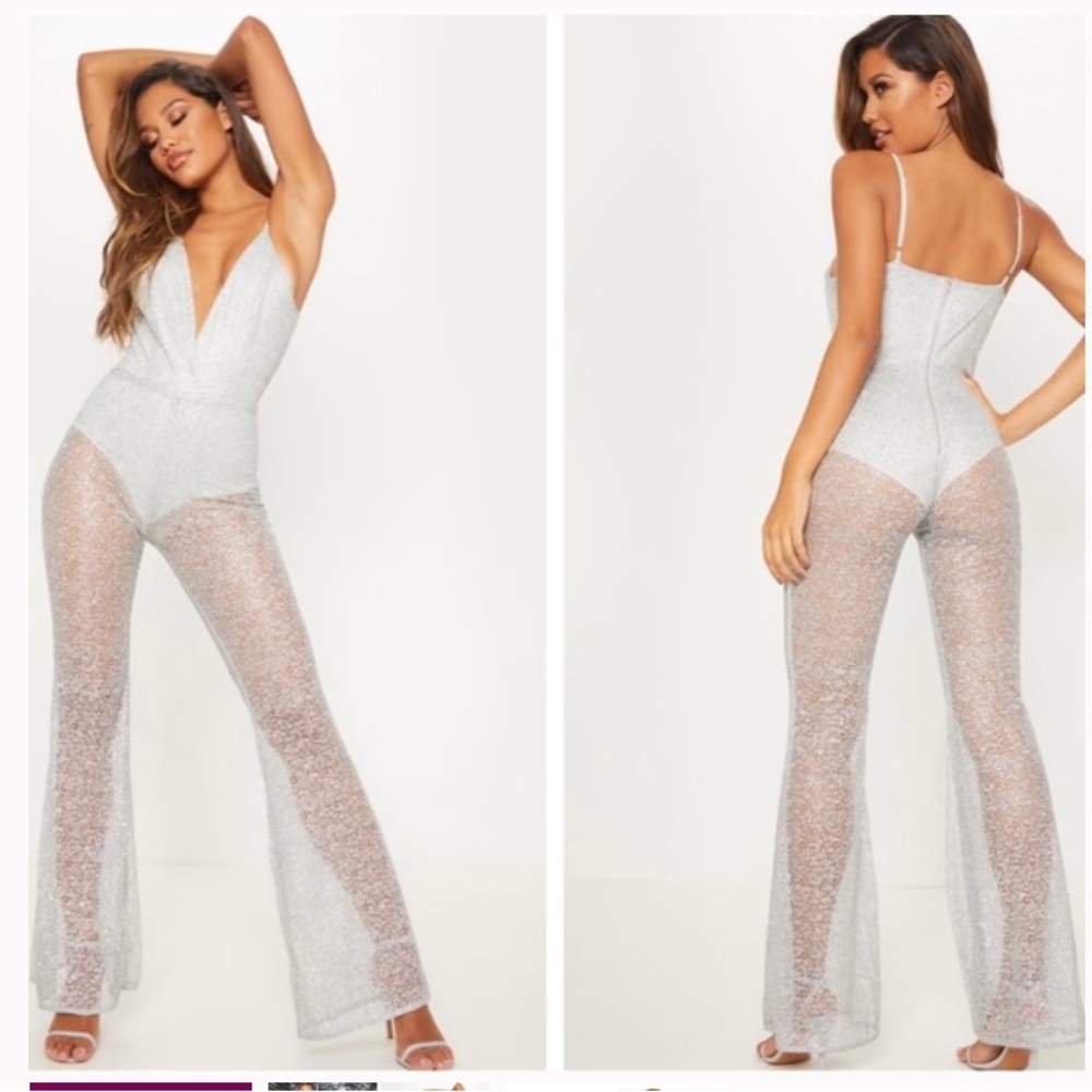 NWT pretty little thing silver mesh plunge jumpsuit size 10